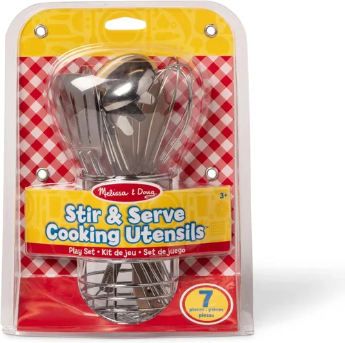 Vista 3 de Melissa & Doug utensilios de cocina para revolver y servir, 7 piezas de acero inoxidable y madera.