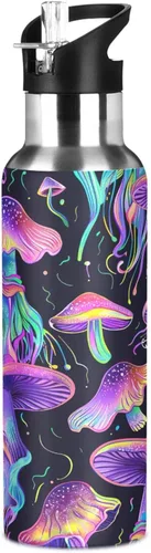 Vista 8 de Insulated Stainless Steel Water Bottle with Straw 32 Oz, Leakproof Water Bottles for Gym Outdoor Travel School, Psychedelic Mushrooms Purple