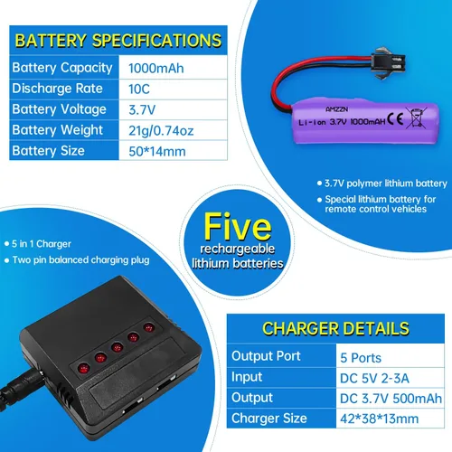 Vista 3 de 5 unidades 3.7 V 1000 mAh Lipo batería con cargador 5 en 1 RC Toy Car Battery SM-2P Plug para TB202 TB201 TM201 TM202 TC141 DE35 DE38 DE40 DE50 RC