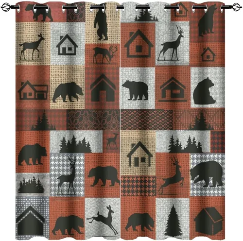 Vista 40 de Cortinas de oscurecimiento estilo campestre con osos, alces y ciervos, cortinas opacas para ventanas con ojales, tratamiento de ventanas eficiente