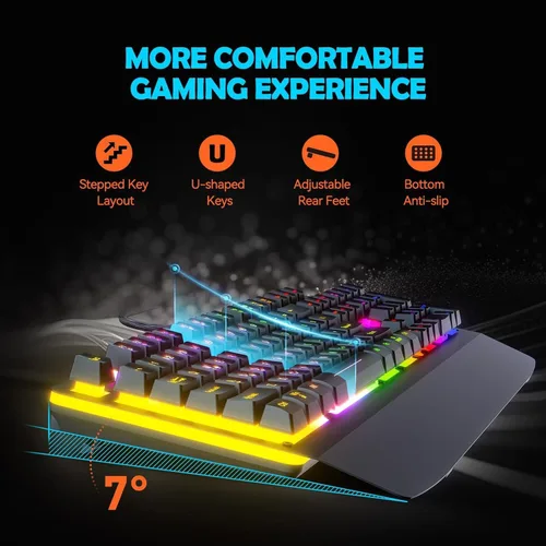 Vista 4 de Teclado para juegos con cable, teclado iluminado RGB con reposamuñecas, panel de metal de 104 teclas retroiluminado con arco iris