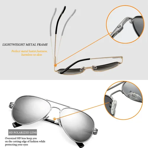 Vista 4 de HJSTES Gafas de sol polarizadas de aviador para mujeres y hombres, persianas de metal clásicas, lentes de espejo 100% bloqueo UV, 2.283in