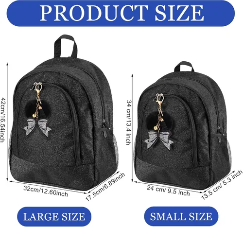 Vista 2 de Mochila grande de animadora con llavero de lazo, mochila con purpurina para animadoras, bolsas de regalo para animadoras (negro)