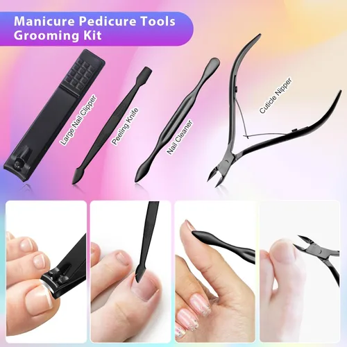 Vista 5 de CGBE Juego de cortaúñas, 12 piezas de acero inoxidable para hombres, juego de manicura y pedicura para regalos para hombres, color negro