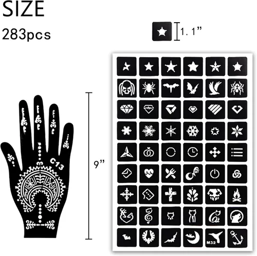 Vista 2 de MCPINKY Kit de plantillas de tatuaje de henna – 283 hojas árabes realistas temporales con purpurina semipermanente para mujeres y niñas