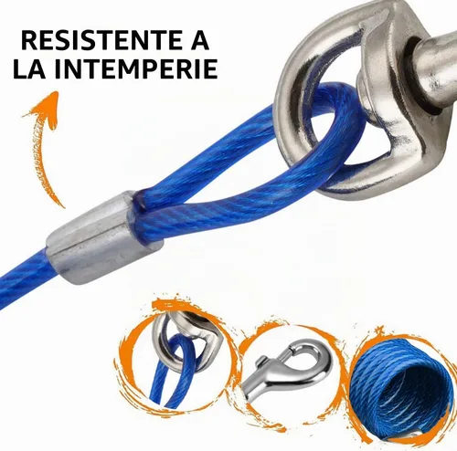 Vista 4 de Cable de amarre en espiral para mascotas de 12 pies, color azul, se retrae fácil y rápidamente para evitar enredos