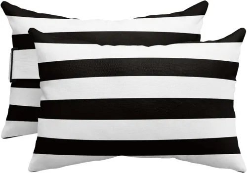 Vista 8 de Almohada de exterior para tumbona, diseño de rayas simples en blanco y negro, impermeable, almohada lumbar con inserto y correa elástica ajustable