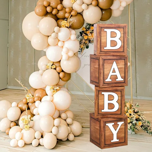 Vista 8 de Cajas de baby shower para decoraciones de cumpleaños – 4 cajas de globos de bebé de grano de madera marrón, cajas de bebé para decoración de centro