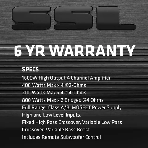 Vista 2 de Sound Storm Laboratories CG1604 Amplificador de coche de 4 canales - 1600 vatios, rango completo, clase A/B, 2/4 ohmios estable, fuente