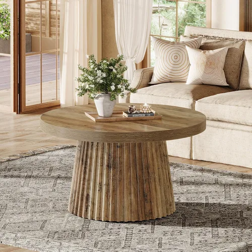 Vista 3 de Tribesigns - Mesa de café, mesa de café redonda pequeña de 31.5" de estilo granja con base de tambor estriada, mesa central de acento boho moderna