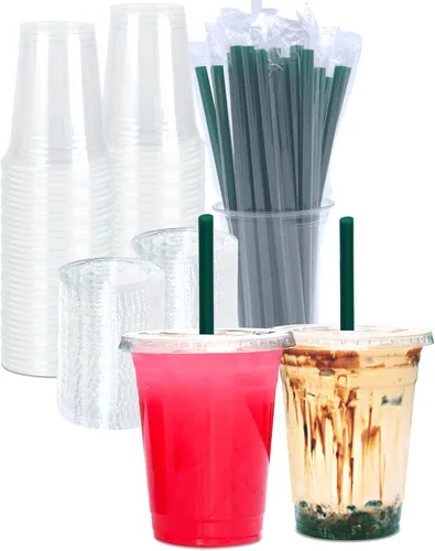 Vista 9 de [50 juegos] Vasos de plástico transparente de 12 onzas con tapas y popotes, tazas desechables para café helado con tapas, tazas transparentes