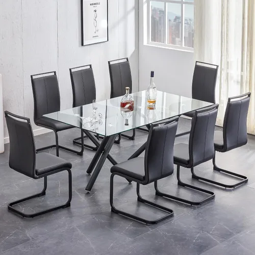 Vista 17 de Juego de mesa de comedor de cristal para 6, 71 pulgadas juego de mesa de comedor moderno para 6 7 Piece Dining Table Set, 6 White Dining Chairs