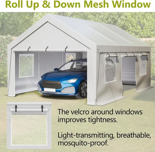 Vista 6 de Aprilsoul Cochera para exteriores de 13 x 20 pies, cobertizo de almacenamiento con ventanas de malla y tubo de acero galvanizado, lona para todas