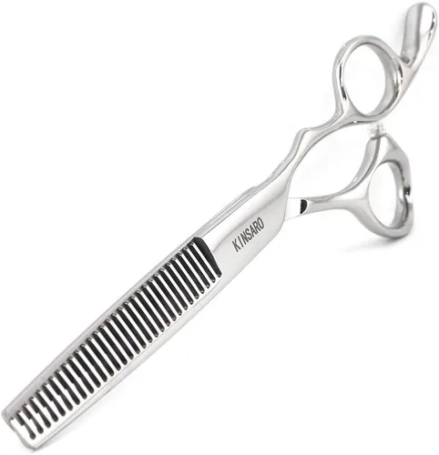 Vista 9 de Tijeras profesionales para el cabello de 5.5 pulgadas, tijeras de corte de pelo de peluquería 440C, tijeras de pelo con agujero ciego borde convexo