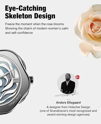 Vista 3 de CIGA Design Relojes para mujer Dinamarca Rose Series Reloj de pulsera de cuarzo o esqueleto mecánico automático con collar de regalo