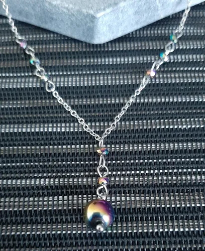Vista 7 de Crystal Bead Rainbow Hematite Y Shaped Lariat Necklace Non-Tarnish Steel Chain