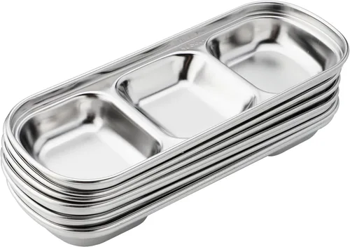 Vista 8 de 6 cuencos de acero inoxidable para salsa de soja, 3 rejillas, platos de salsa divididos, guarniciones para salsa de soja, salsa de tomate
