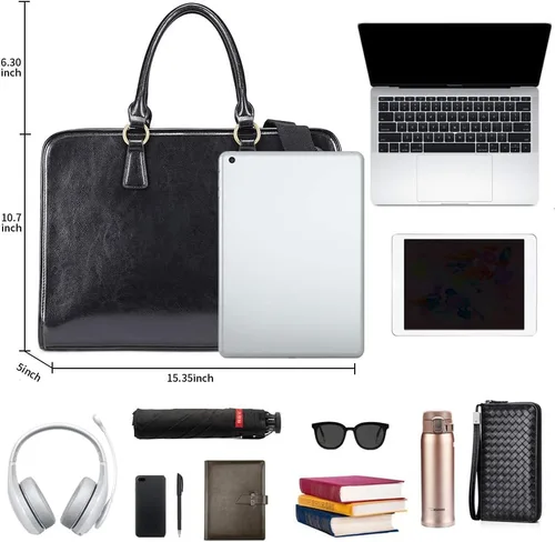 Vista 4 de Kattee Maletín de cuero genuino para mujer, bolsa de computadora portátil de gran capacidad con etiqueta de equipaje Negro