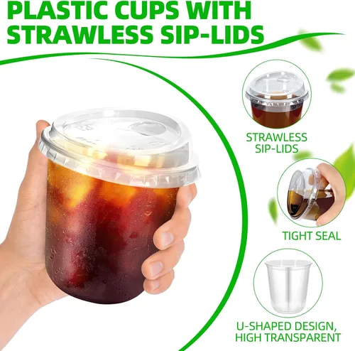 Vista 3 de 50 piezas de vasos de plástico para café con tapas con asa, vasos desechables de plástico PET transparente con tapas sin pajita para café helado