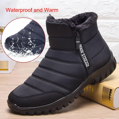 Vista 3 de Botas de nieve de cuero cálido para hombre, antideslizantes, impermeables, suaves, de felpa, cálidas, para senderismo, exteriores, campamento