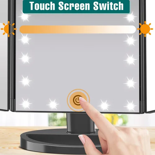 Vista 4 de FASCINATE Espejo de maquillaje iluminado, 21 luces LED brillantes, espejo de tocador tríptico LED con aumento 3x/2x/1x, control táctil de brillo