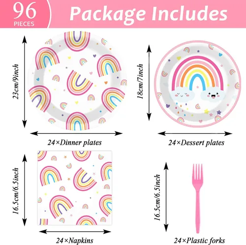 Vista 2 de 96 platos de fiesta de arco iris, servilletas para fiestas temáticas de arco iris, platos de papel desechables, servilletas de papel desechables