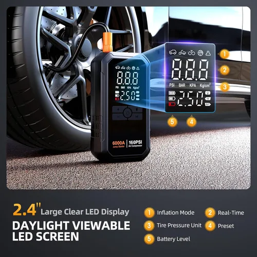 Vista 7 de Iniciador de 10 en 1 con compresor de aire 6000A 26800mAh 160PSI Iniciador de batería de coche portátil (todo gas/12L diésel), caja de arranque
