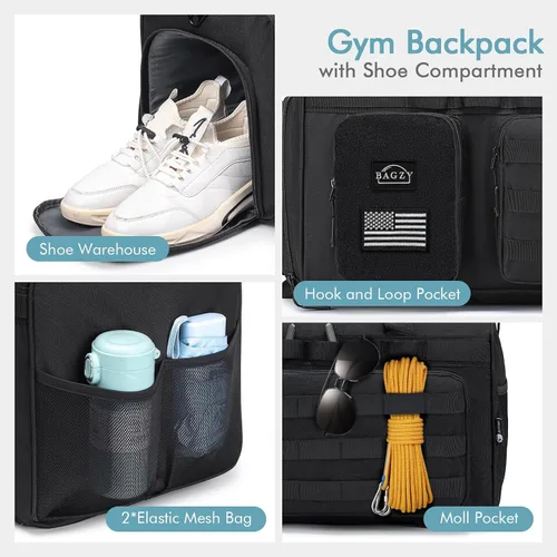 Vista 4 de Bolsa de gimnasio táctica militar 3 en 1 para hombres, bolsa de lona deportiva, 55L, mochila de viaje para fitness, fin de semana, entrenamiento