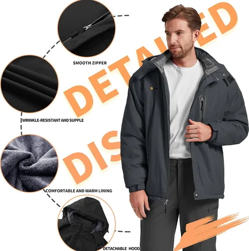 Vista 5 de Chaqueta de esquí para hombre, impermeable, con forro polar cálido, forro de nieve, para montaña, con capucha, resistente al viento, chubasquero