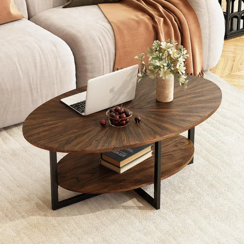 Vista 13 de Mesa auxiliar ovalada de madera con estante de almacenamiento, mesa de 2 niveles, negro y marrón Negro marrón-43.3 pulgadas