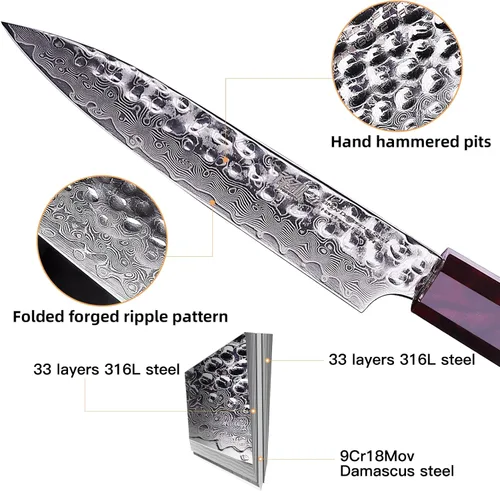 Vista 2 de Cuchillo de cocina multiusos de 5 pulgadas con funda de ABS, cuchillo mondador japonés multiusos, hoja de acero de Damasco, mango octogonal