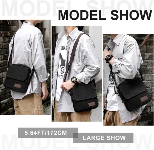 Vista 8 de Bolso cruzado pequeño para hombre, bolso de hombro de lona tipo mensajero, bolso cruzado para hombre, bolsas laterales sobre el hombro