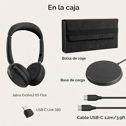 Vista 10 de Jabra Evolve2 65 Flex Auriculares Estéreo con Bluetooth, Almohadilla de Carga Inalámbrica - Tecnología ClearVoice de Cancelación de Ruido y Equipos