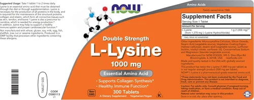 Vista 4 de Now Foods L-Lisina 1000 mg - Doble fuerza - 300 tabletas - Suplemento de aminoácidos sin OMG (clorhidrato de lisina) - Pestañas de 1000 mg