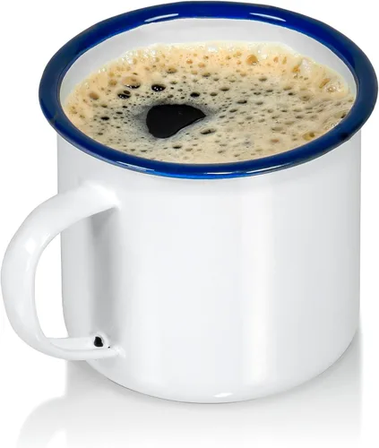 Vista 8 de Red Co. Juego de 6 tazas redondas de café y té de metal esmaltado de 12 onzas con asa, borde blanco sólido y azul marino