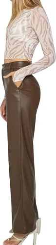 Vista 2 de Pantalones de piel sintética para mujer, cintura alta, pierna recta, pantalones holgados, estilo vintage de los años 90
