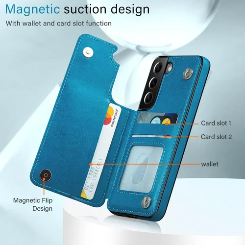 Vista 3 de Korecase - Funda tipo cartera para Samsung Galaxy S23 con tarjetero y tarjetero de piel sintética, diseño de mariposas y flores, color azul