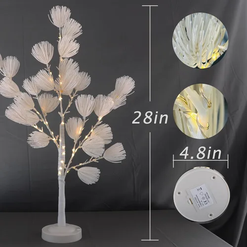 Vista 6 de Árbol de pino blanco artificial con ramas iluminadas, árboles de flores con luces LED para decoración de Navidad en interiores (20 pulgadas)