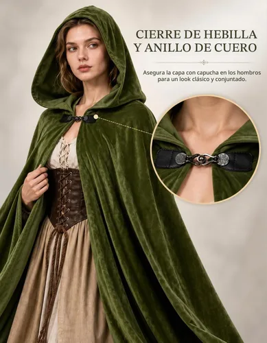 Vista 4 de JPXH Capa medieval con capucha renacentista para hombres y mujeres, disfraz de Halloween Verde