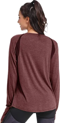Vista 4 de Muzniuer Camisetas de entrenamiento de manga larga para mujer, camisetas lisas de manga larga para yoga, gimnasio, deportes, con agujero
