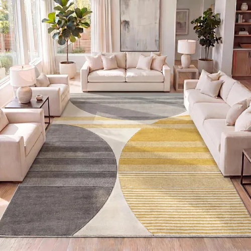 Vista 8 de JONATHAN Y Alfombra de pasillo de círculos a rayas gris/amarillo/crema, 2 x 8 pies, Nicky geométrica para sala de estar, dormitorio, cocina