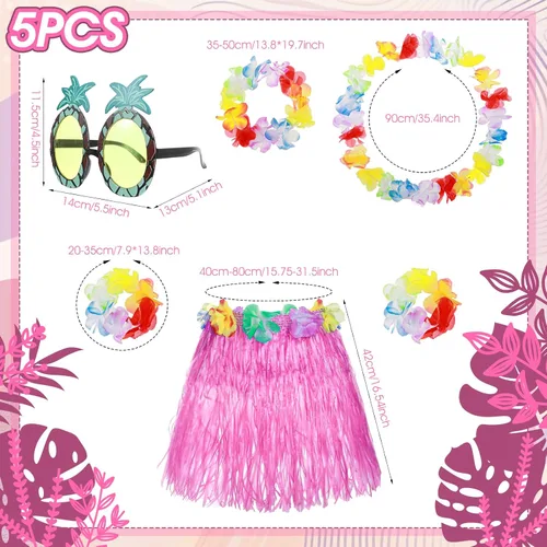 Vista 2 de Paquete de 6 faldas de hierba hawaiana para niñas, falda de baile de Hula lindos anteojos, accesorio de disfraz de hula, vestido de fiesta de verano
