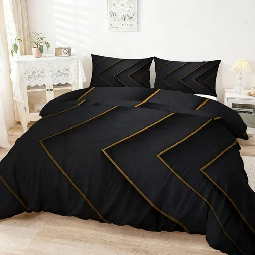 Vista 17 de Duvet Cover Minimalist Geometric Ribbons Triangles Pattern, Soft Breathable Anti-Pilling Black Print Comforter Cover 68" x 86", Twin Size Bedding