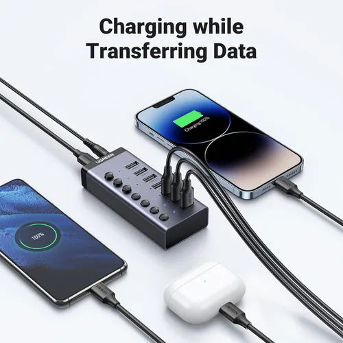 Vista 5 de UGREEN - Hub USB 3.0, adaptador USB de 7 puertos con 4 puertos de carga inteligente, divisor USB con interruptores individuales de encendido/apagado