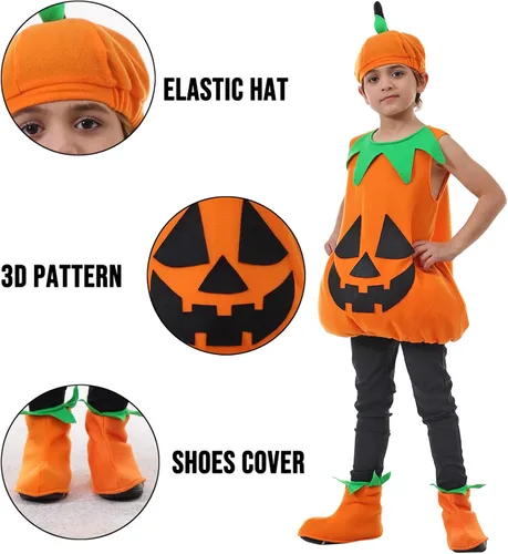 Vista 3 de ReneeCho Disfraz de calabaza para niños, disfraz de Halloween para niños, divertido fiesta de cosplay, negro y amarillo con sombrero y zapatos