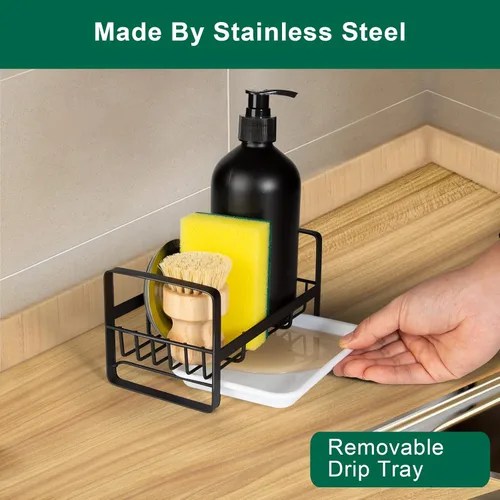 Vista 3 de TEZZ Soporte de esponja para fregadero de cocina, organizador de fregadero de cocina de acero inoxidable para organizar esponja, cepillo