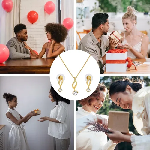 Vista 7 de Slaksworld - Juego de collar con colgante de solitario chapado en oro con diamantes americanos para mujeres y niñas Cadena ajustable y aretes