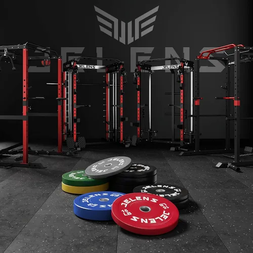 Vista 7 de Juego de Placas de Peso para Barra Olímpica JELENS, Juego de Pesos de Goma de 2 Pulgadas Negro/Colorido para Entrenamiento de Fuerza y Levantamiento
