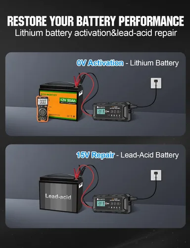 Vista 3 de ECO-WORTHY Cargador de batería LiFePO4 10A de 12 V, cargador y mantenedor de batería de litio inteligente, cargador de goteo y desulfatador