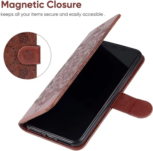 Vista 6 de Funda para iPhone XR, para Apple XR con protector de pantalla de vidrio templado, diseño de mandala en relieve, soporte para tarjeta de crédito
